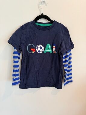 Mini Boden Navy Blue Layered-Look Soccer “Goal” Graphic Long-Sleeve Tee